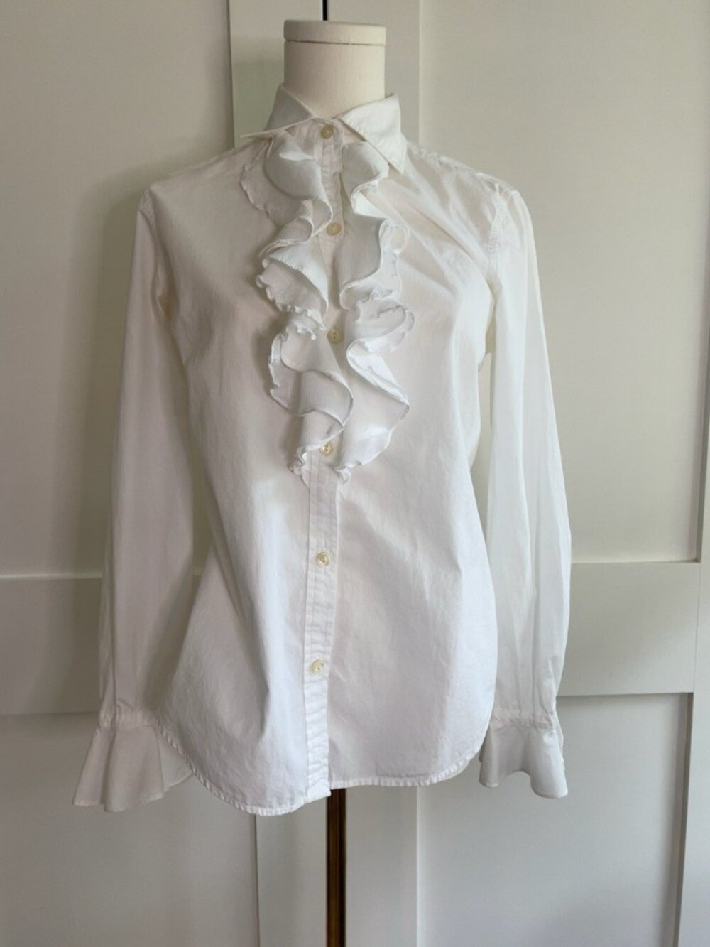Lauren Ralph Lauren White Cotton Ruffle Button-Front Blouse Small